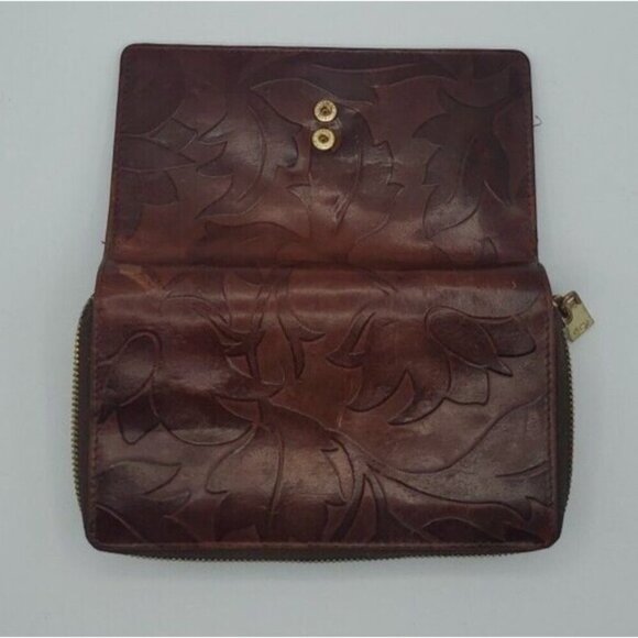 Valentina Genuine Embossed Floral Pattern Design Dark Red Leather Wallet Italy - Picture 6 of 12